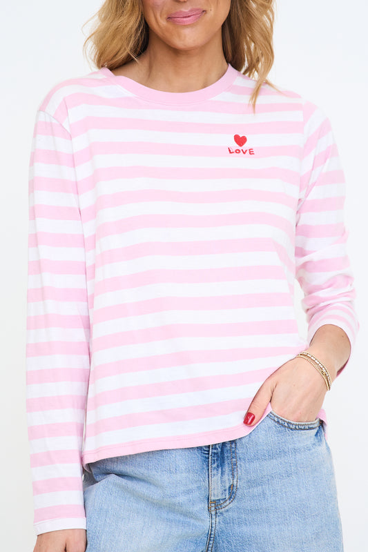 Love Embroidery Stripe Cotton Tee
