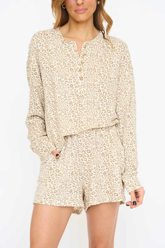 Leopard Print Henley Top & Shorts Set