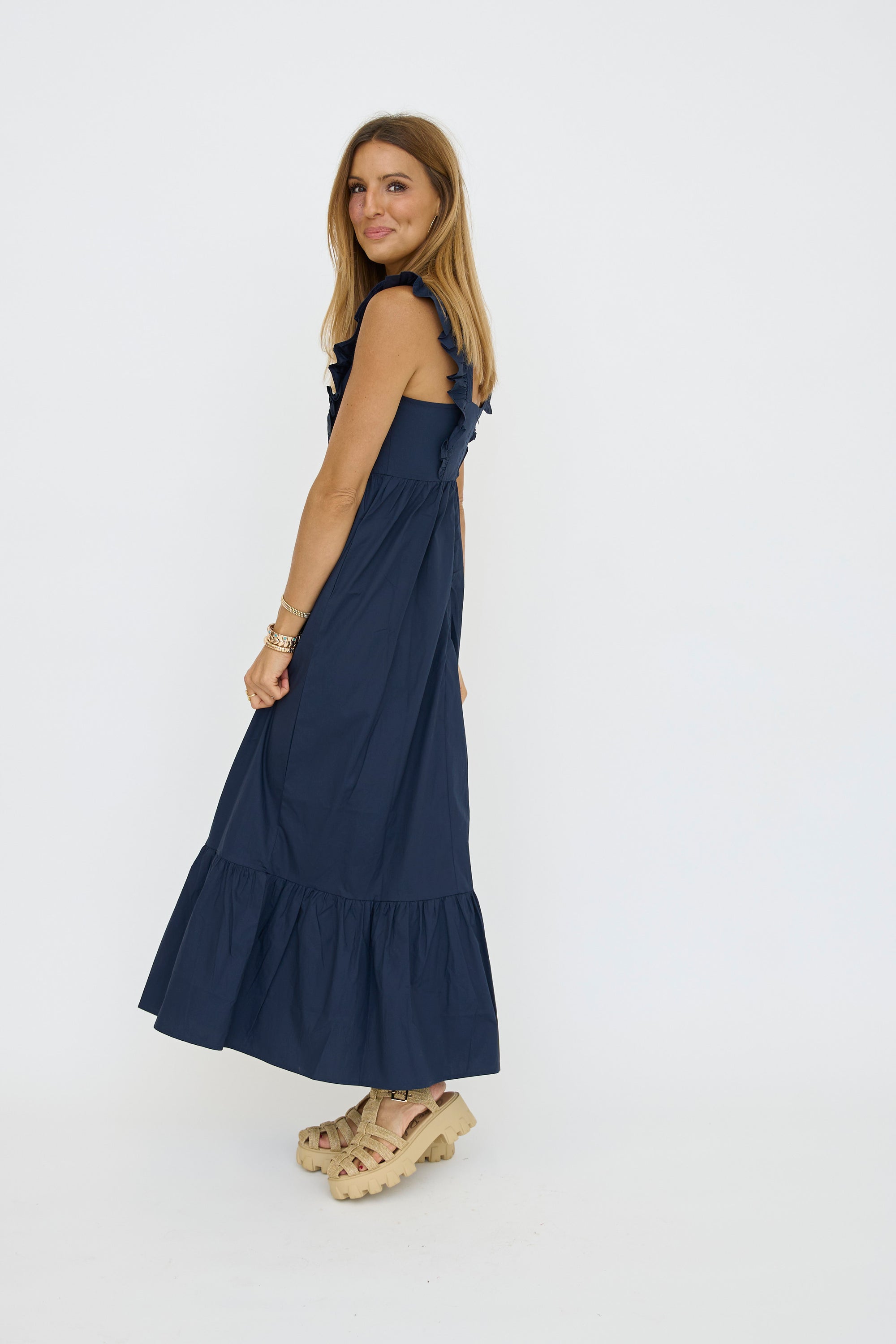 Ruffled Square Neckline Long Dress