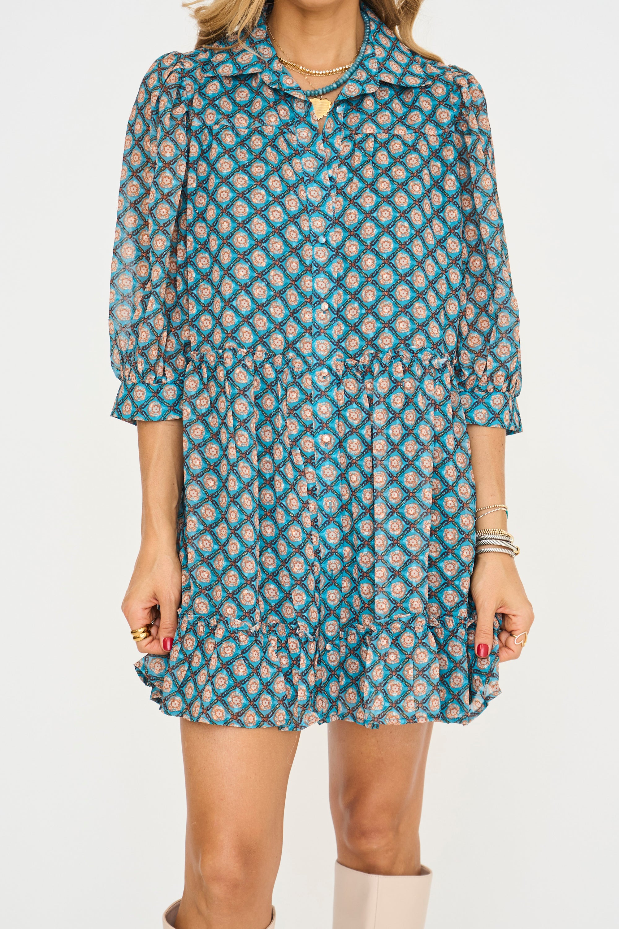 Teal Printed Mini Dress