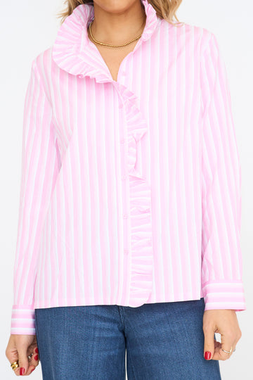 Ruffle Trim Striped Button-Up Shirt