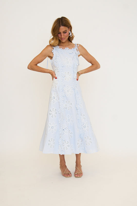Floral Eyelet Lace Midi Dress in Baby Blue
