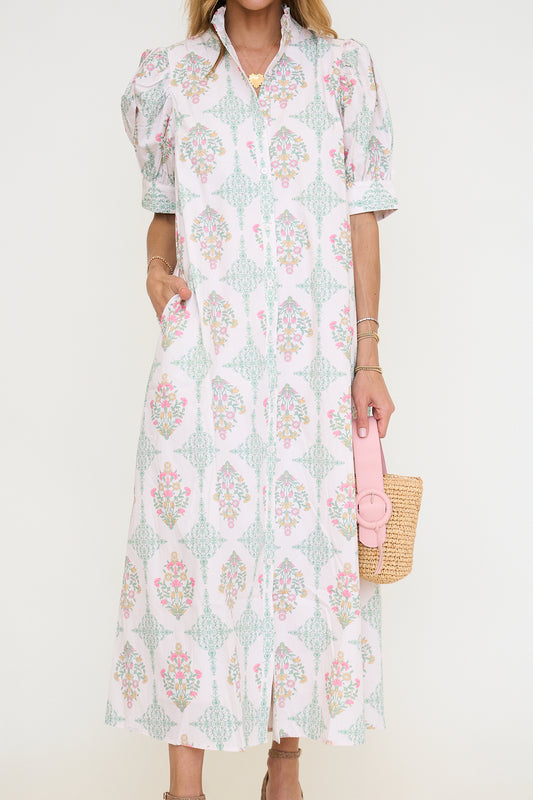 Vintage Floral Ruffle Neck Maxi Dress