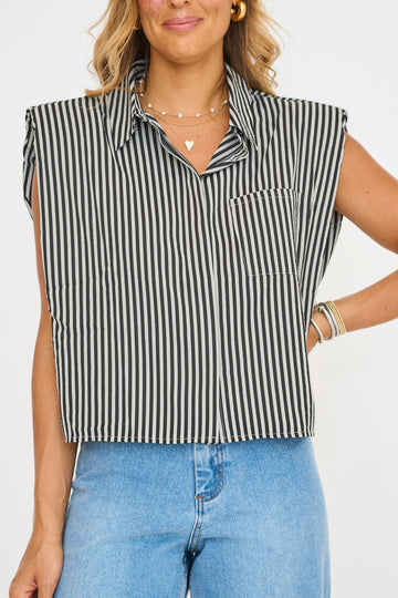 Elswyth Padded Shoulder Button-Up Top