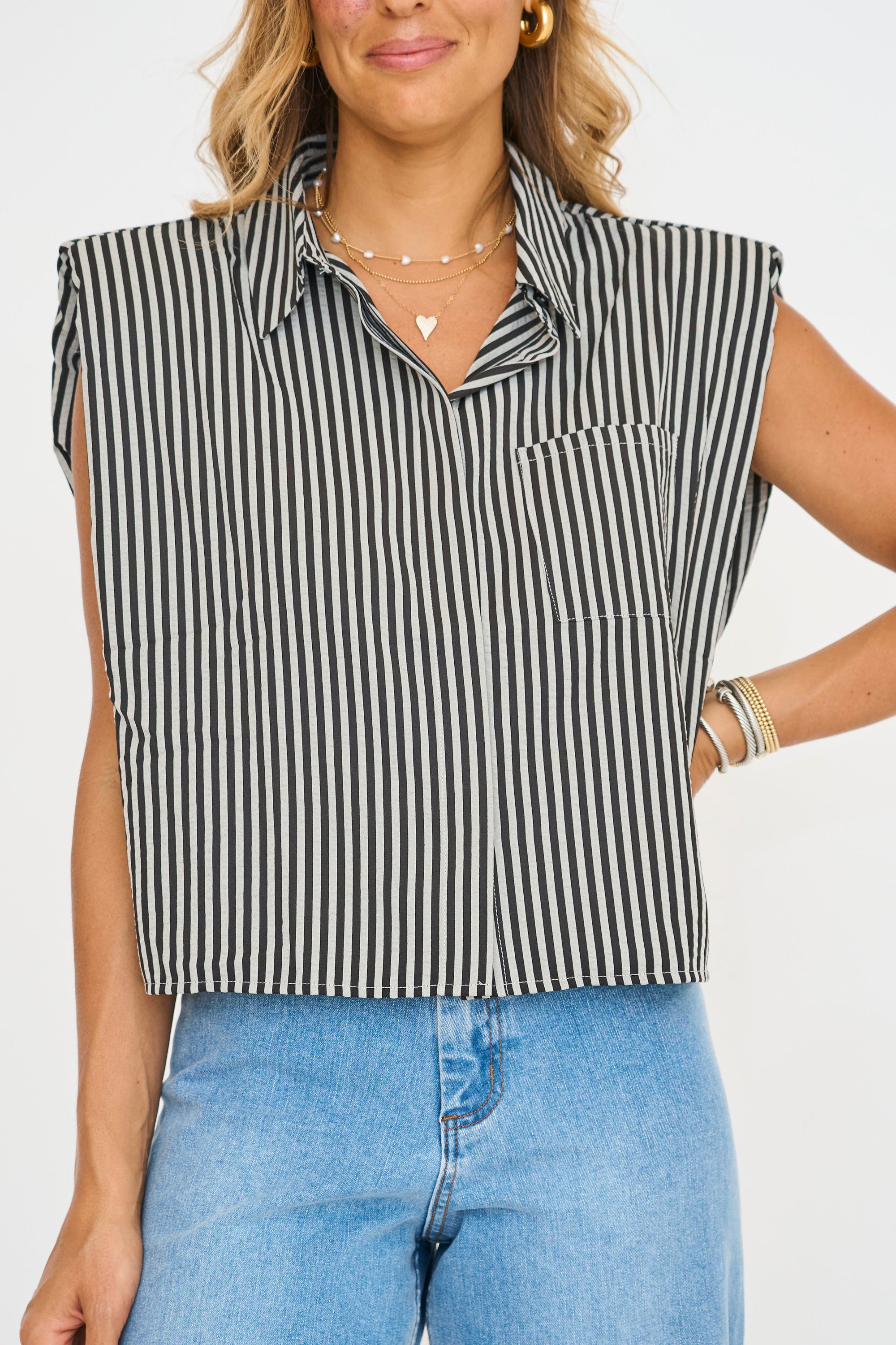 Elswyth Padded Shoulder Button-Up Top