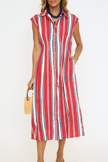 Fitted Bodice Striped Dress - Red