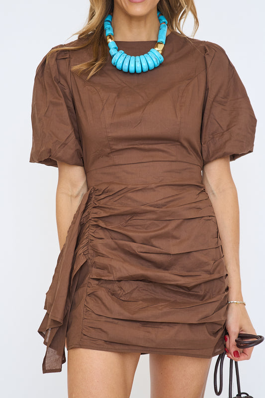 Ruched Short Puff Sleeve Satin Mini Dress
