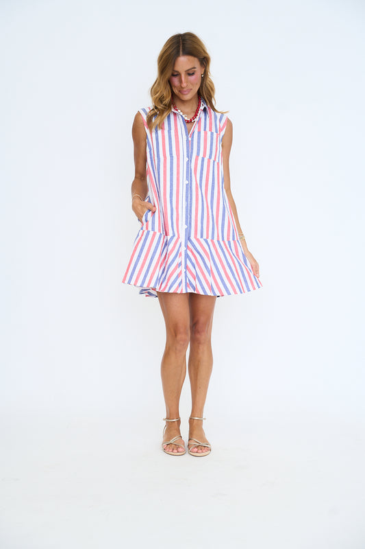Top Stitch Cap Sleeves Striped Mini Dress