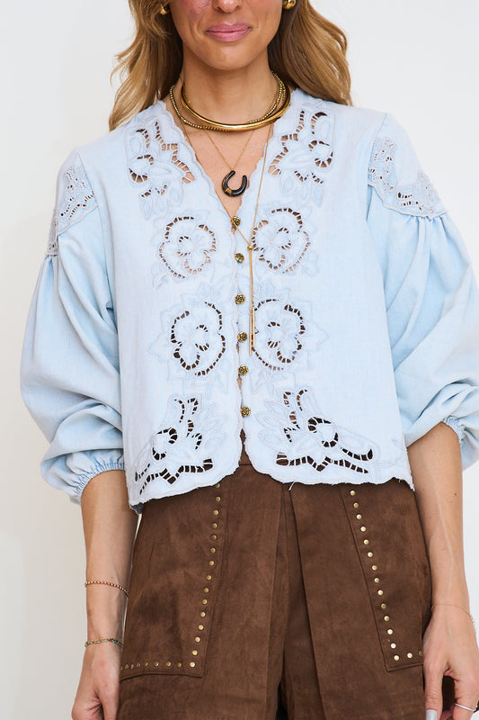 Denim Embroidery Volume Sleeve Blouse Top