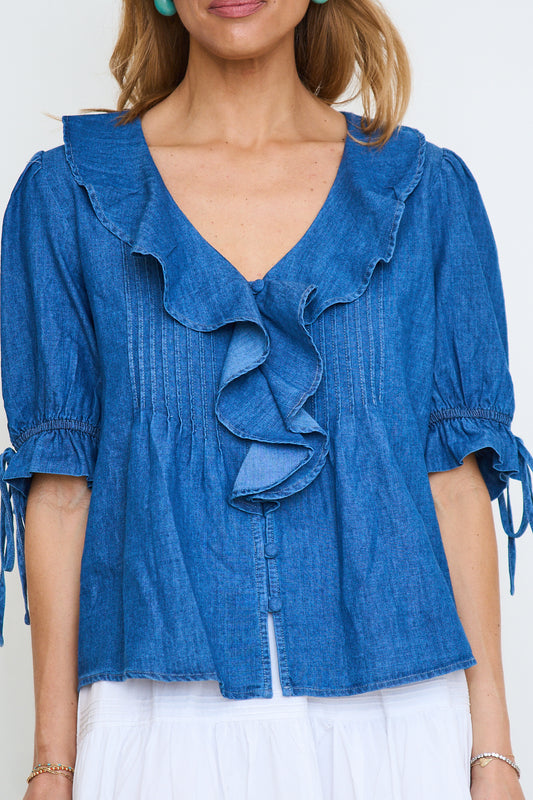 Denim Pleated Ruffle Blouse with Puff Sleeves
