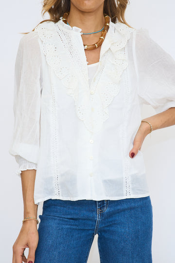 Eyelet Embroidery Ruffle Lace Trim Button Down Top