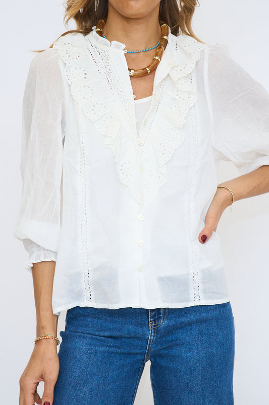 Eyelet Embroidery Ruffle Lace Trim Button Down Top