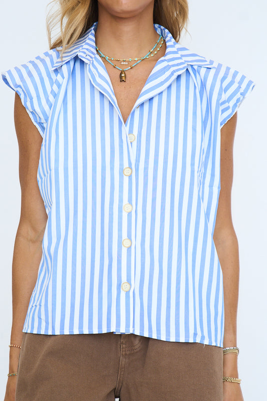 Stripe Bubble Sleeve Button Up Top