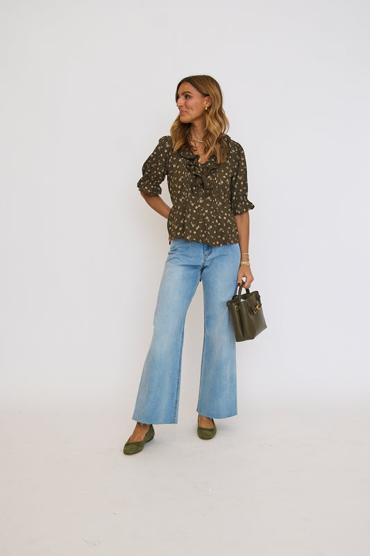 Chocolate Floral Pintuck Detailed Floral Blouse