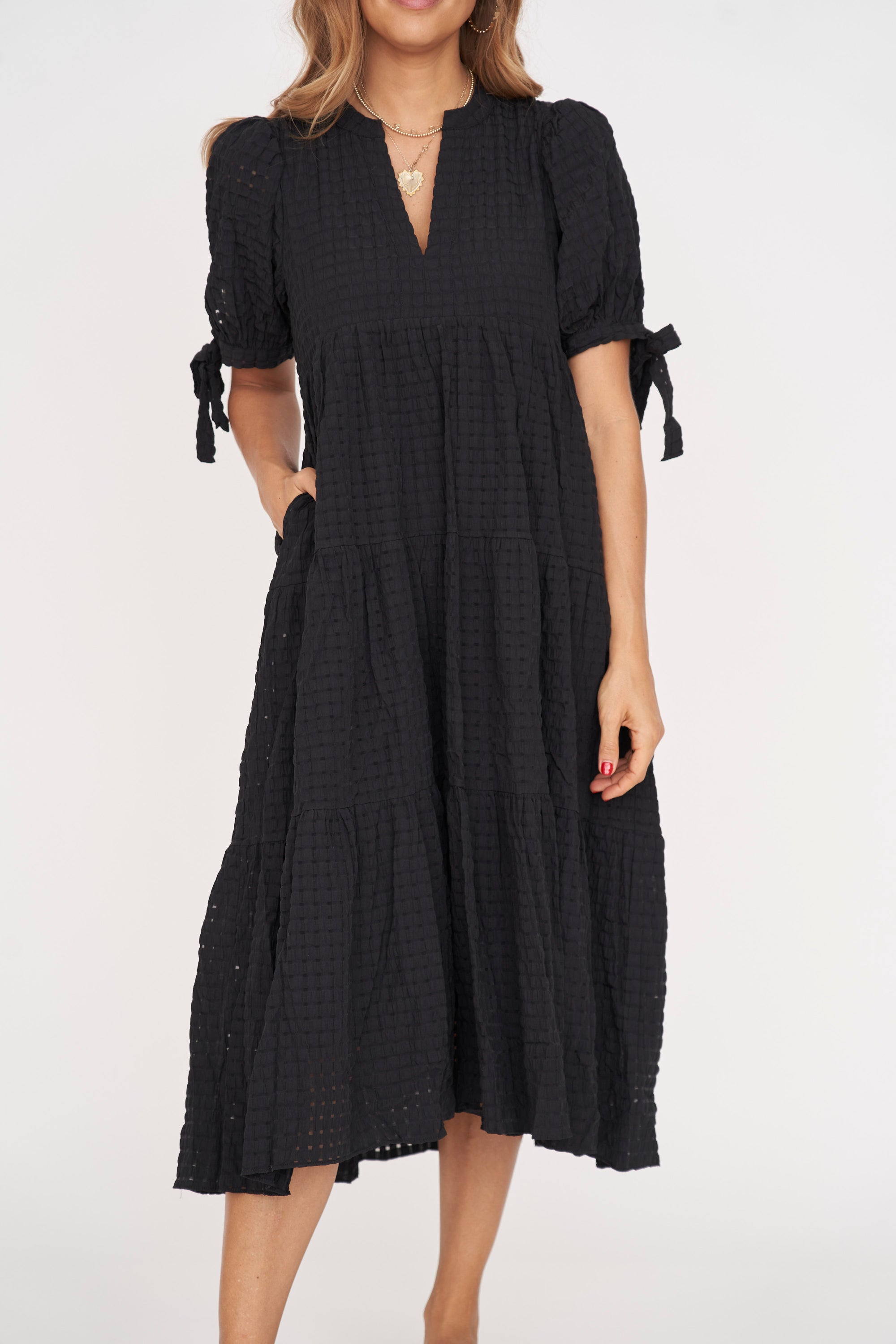 Gingham Tiered Dress with Bow-Tie Sleeves in Black