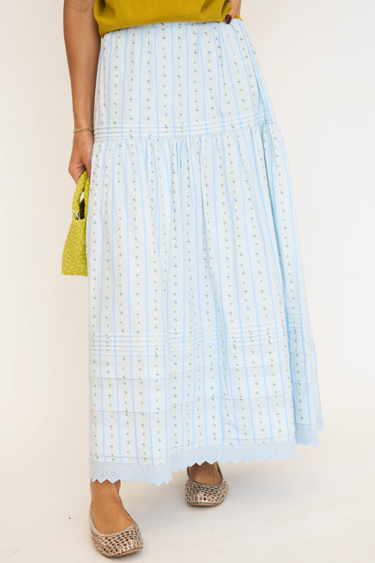 Baby Blue Floral Stripe Maxi Skirt