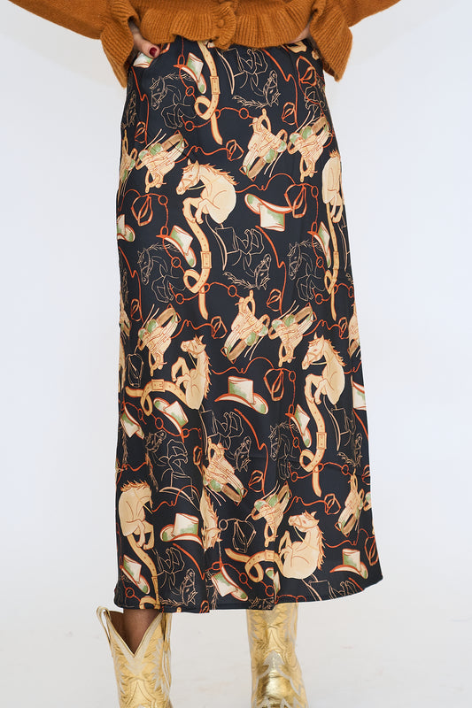 Western Print Satin Midi Slip Skirt