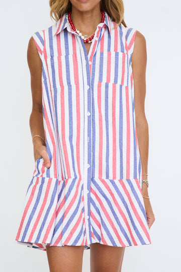 Top Stitch Cap Sleeves Striped Mini Dress