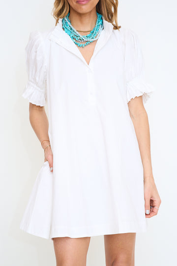 Solid Poplin Ruffle Neck Pleat Back Tie Dress