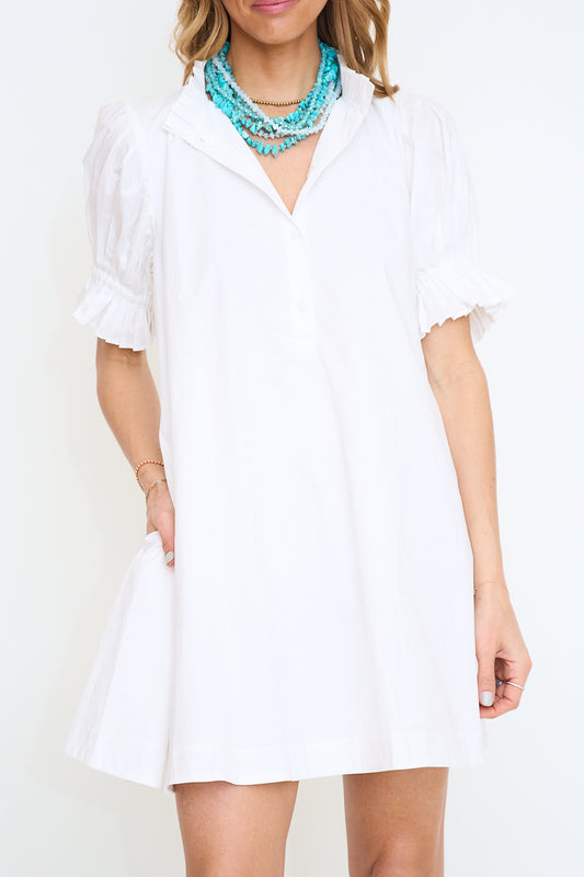 Solid Poplin Ruffle Neck Pleat Back Tie Dress