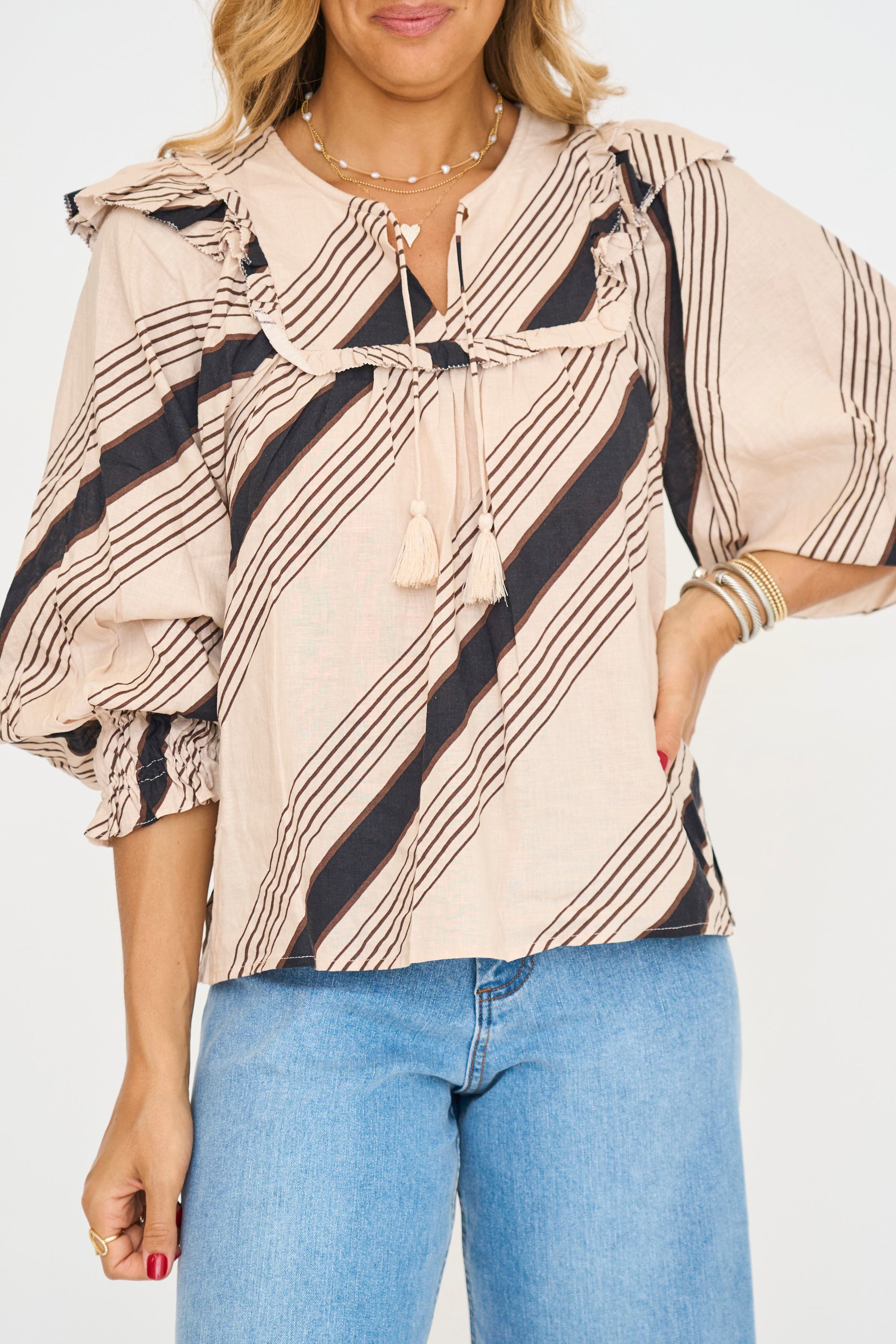 Stripe Ruffle Puff Sleeve Top in Tan/Black