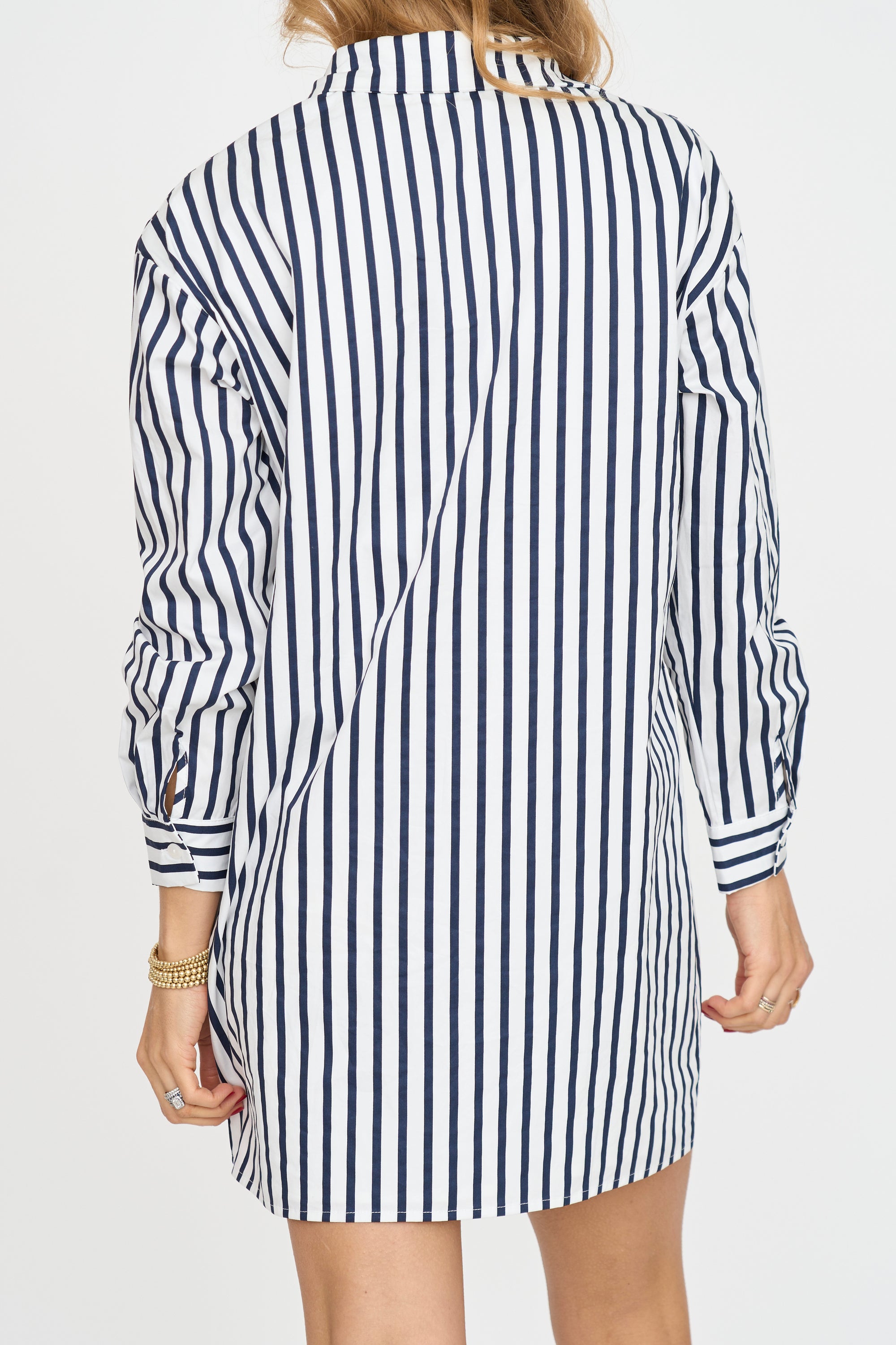 Pin Stripe Shirt Dress in White/Navy