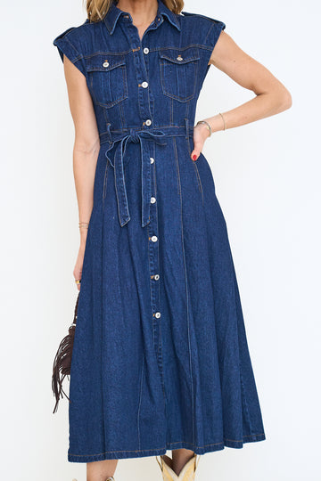 Belted Denim Short Sleeve Button Down Midi Dress