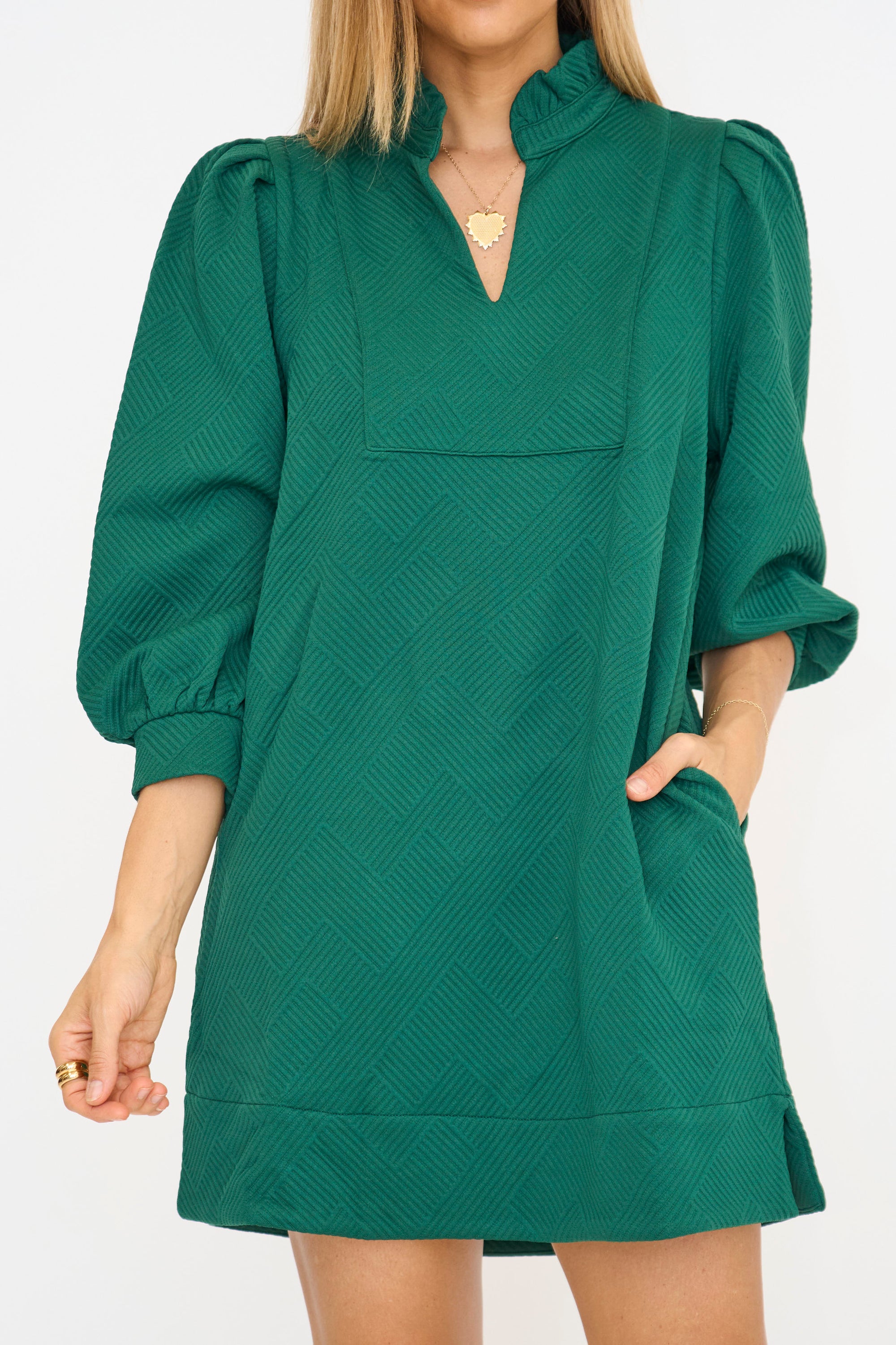 Textured Frilled Vneck Shift Dress