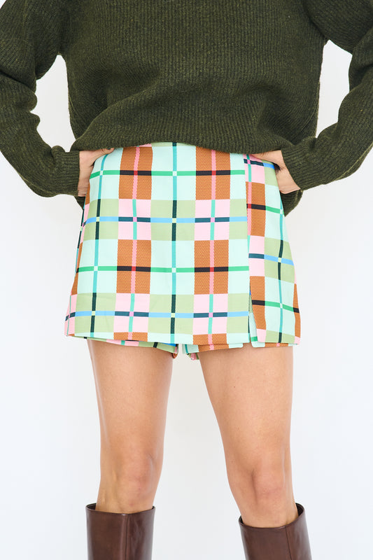 Front Slit Plaid Skort