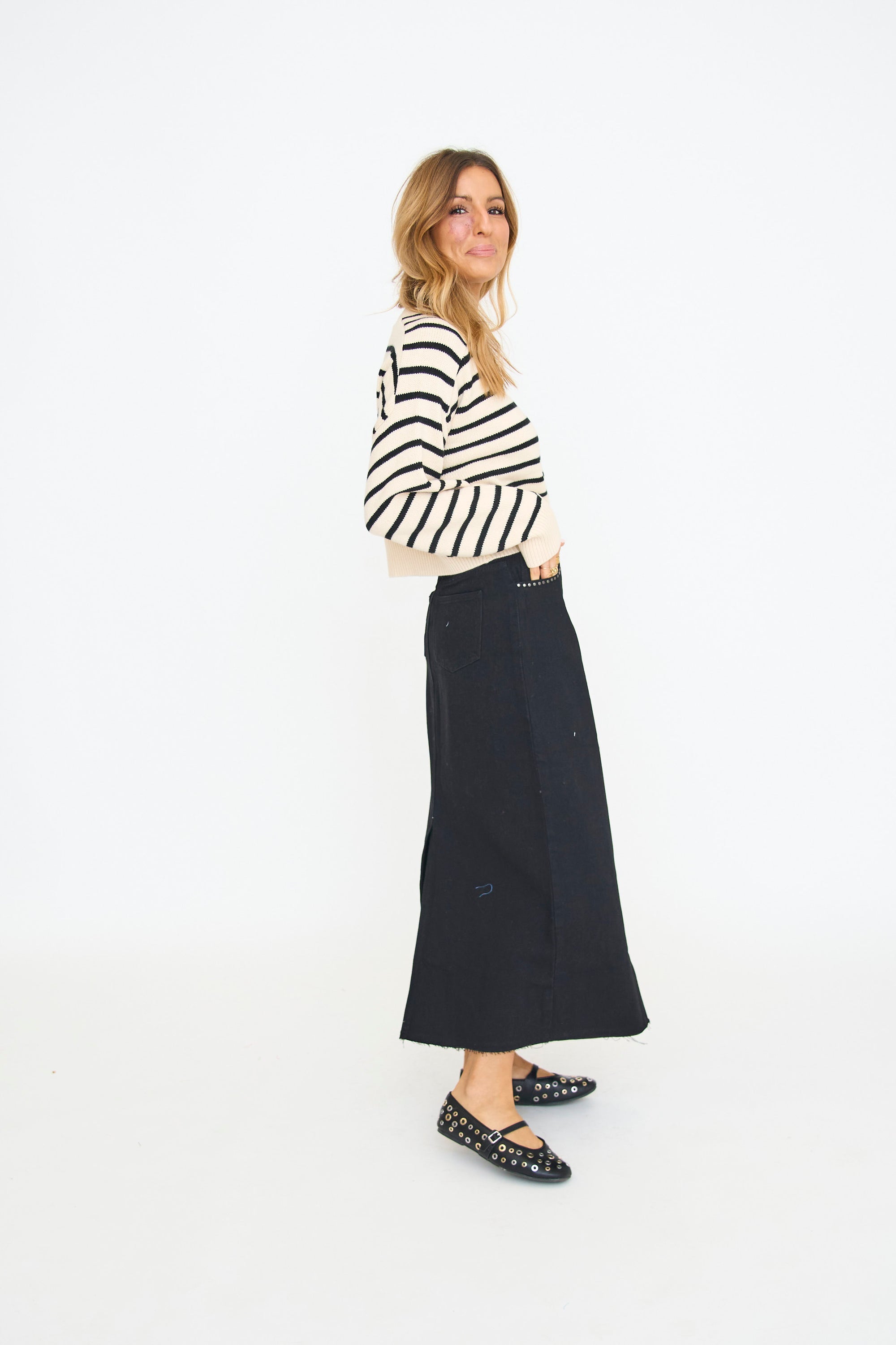 Stud Trim Denim Midi Skirt