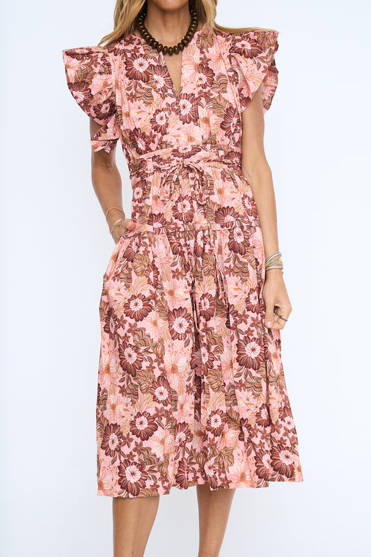 Retro Floral Print Ruffled Flutter Sleeve Midi Dress