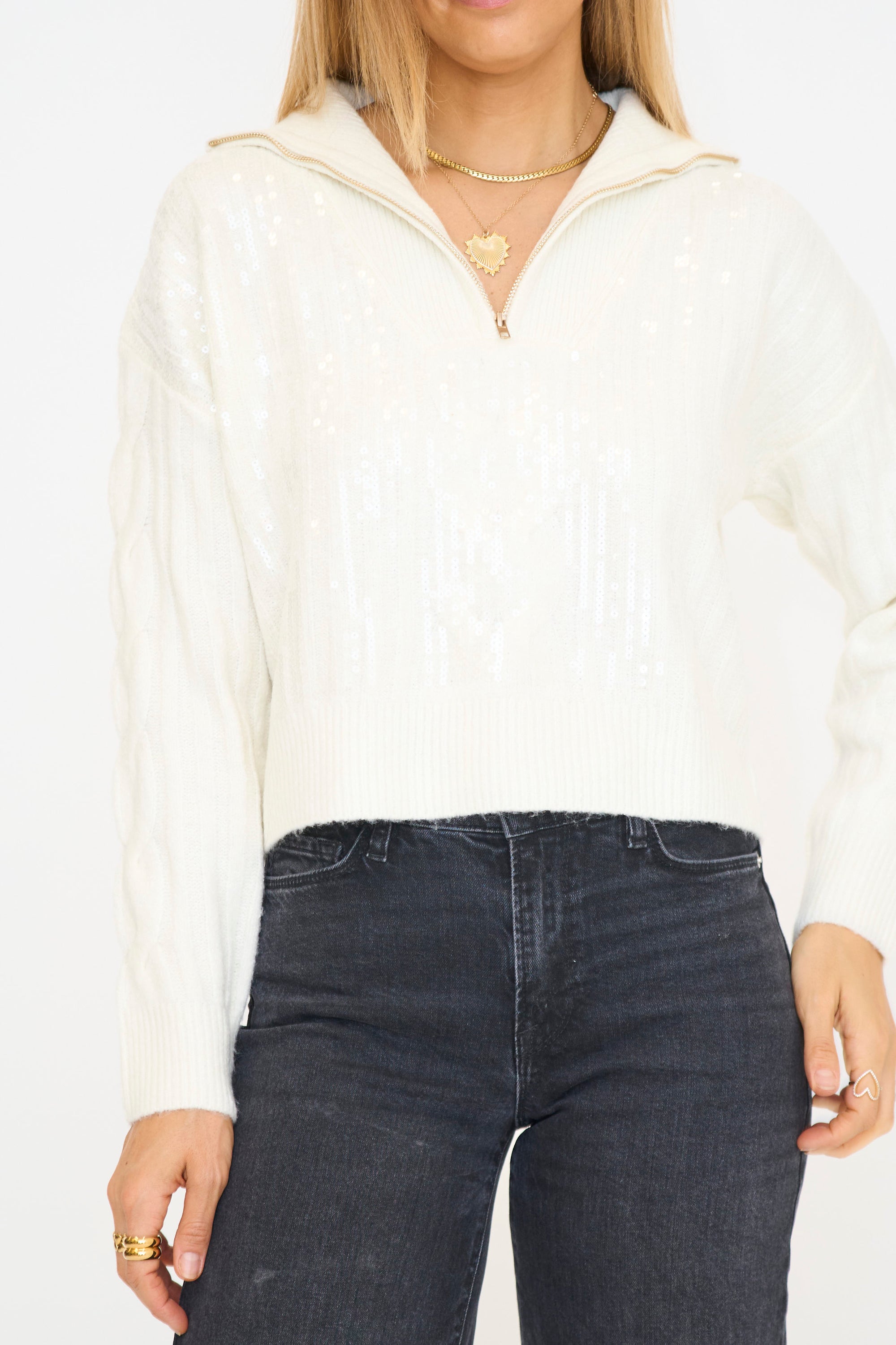 Trucker Collar Sequin Zip Sweater