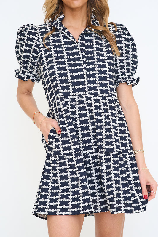 Geometric Embroidered Navy Mini Dress