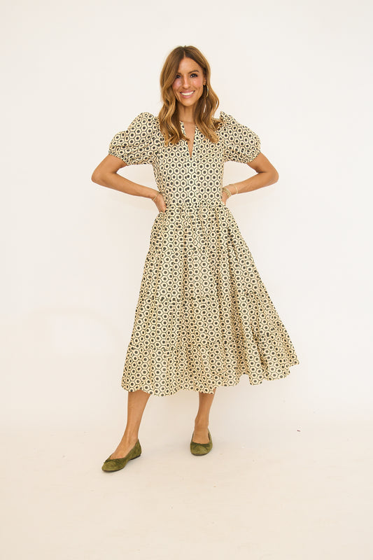 Print Puff Sleeve Midi Dress