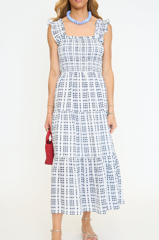 Plaid Smocked Ruffle Strap Tiered Midi Dress