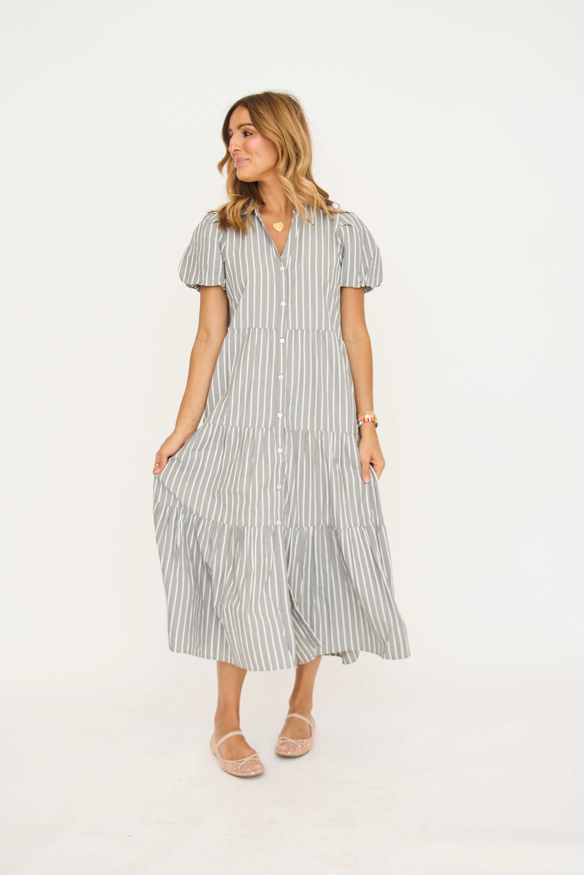 Grey Pinstripe Midi Dress