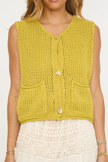 Chartreuse Gold Button Knit Sleeveless Cardigan