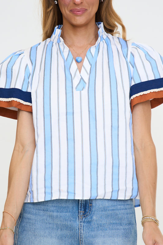 Blue Stripes V-Neck Top