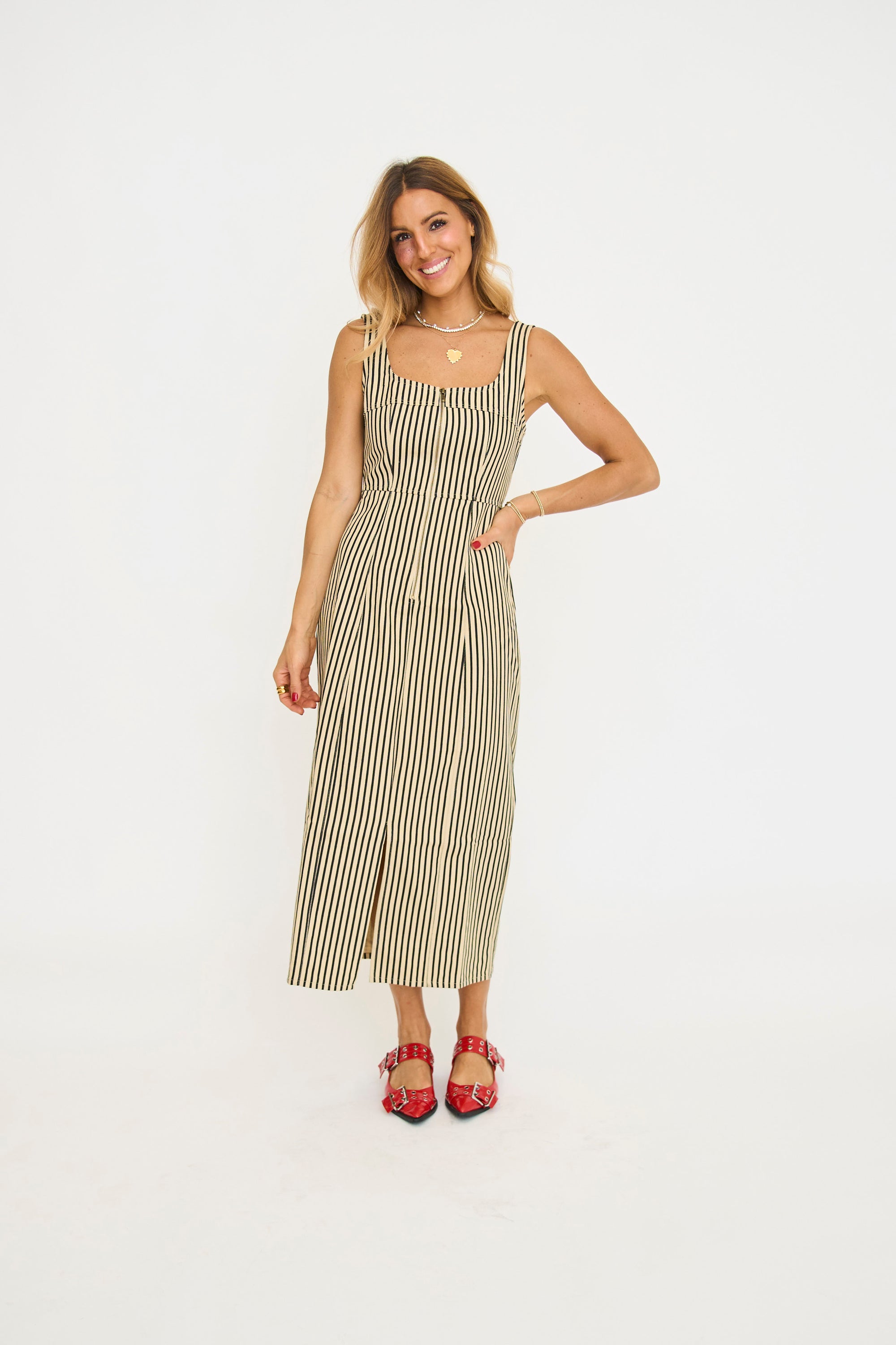 Zip Up Stripe Twill Dress