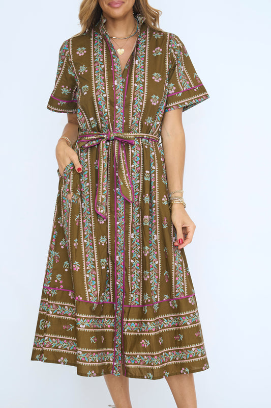 Linear Floral Pattern Midi Dress