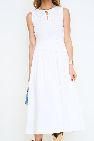 Sleeveless Smocked Shirred Waist Midi Dress