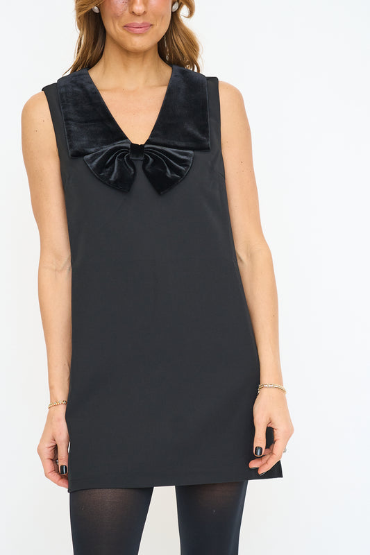 Solid Sleeveless Velvet Collar Bow Mini Dress