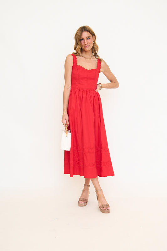 Red Lace Trim Detail Midi Dress