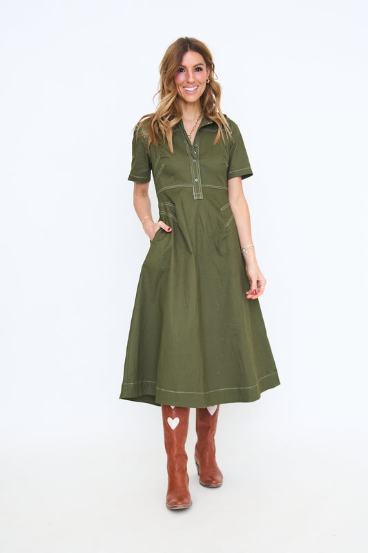 Contrast Stitching Detail Collared Neck Midi Dress