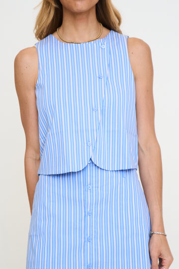 Sleeveless Diagonal Button Closure Striped Poplin Vest Top