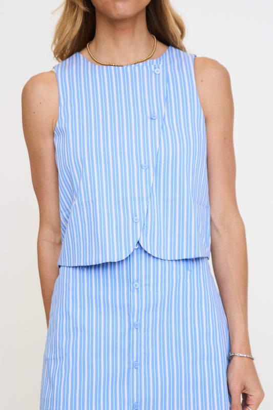 Sleeveless Diagonal Button Closure Striped Poplin Vest Top