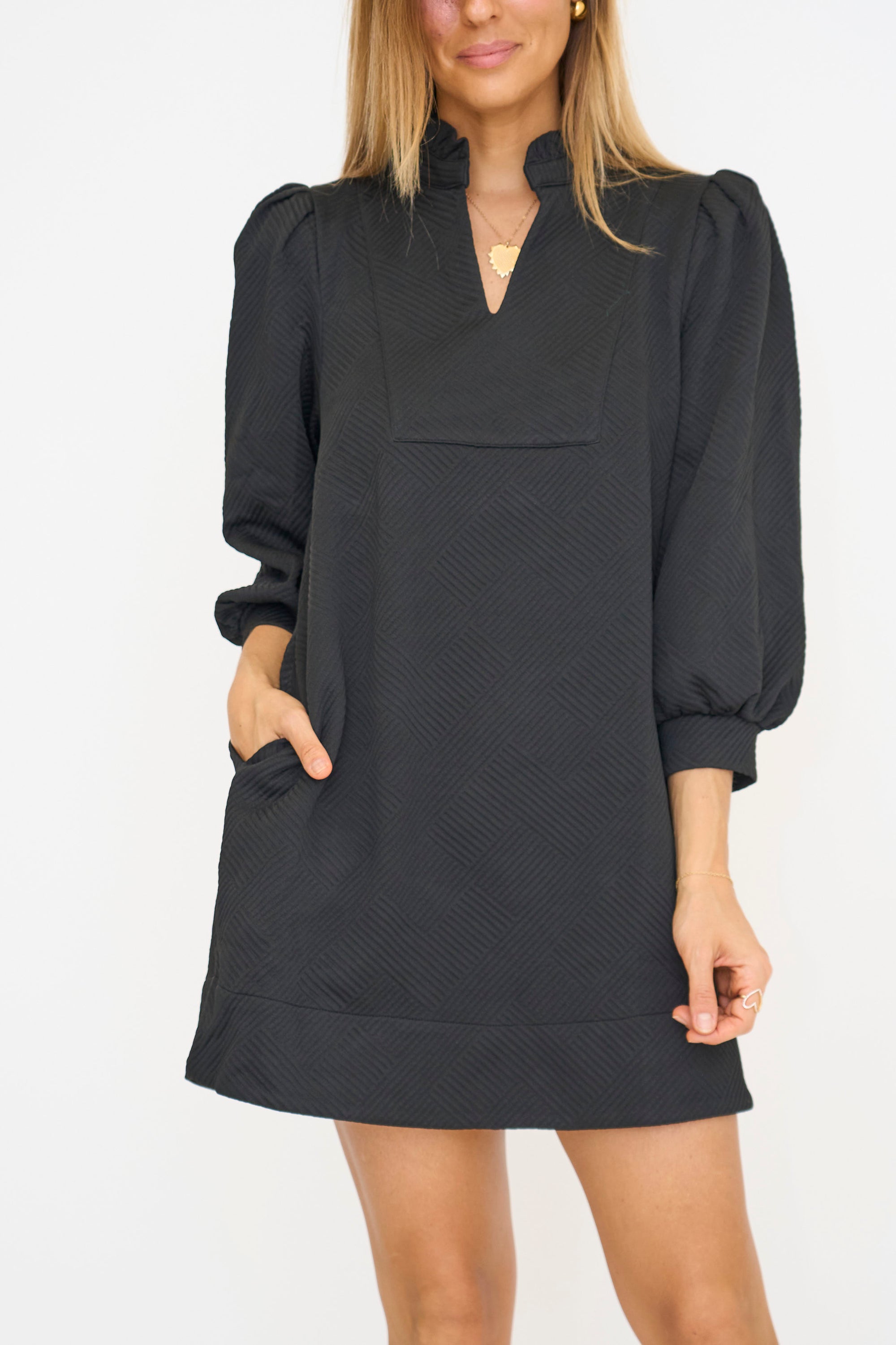 Textured Frilled Vneck Shift Dress