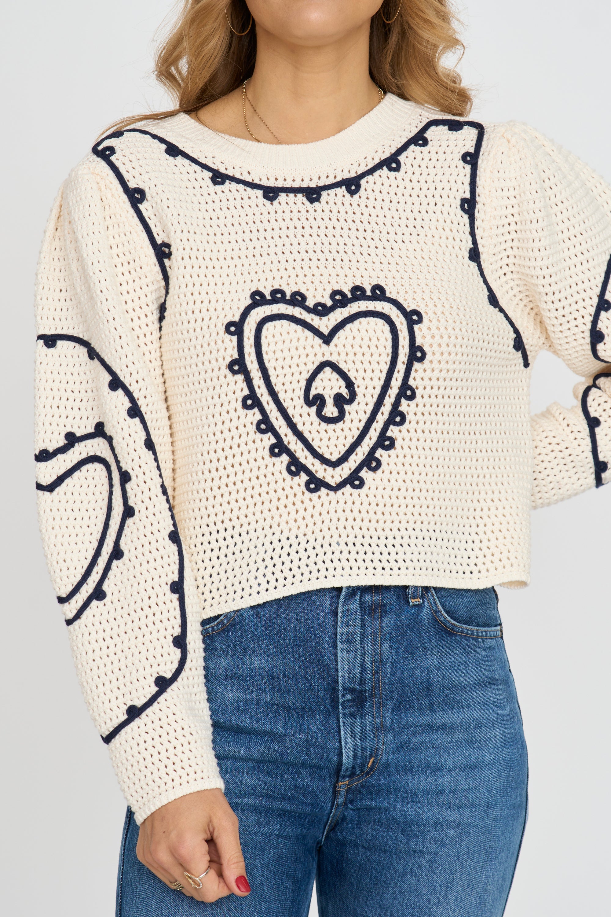 Ivory Embroidered Heart Sweater
