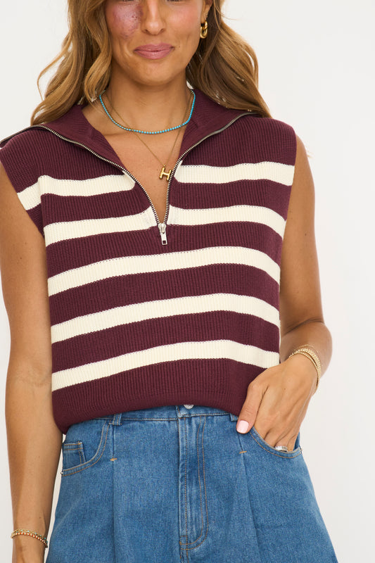 Striped Knit Half Zip Sweater Vest