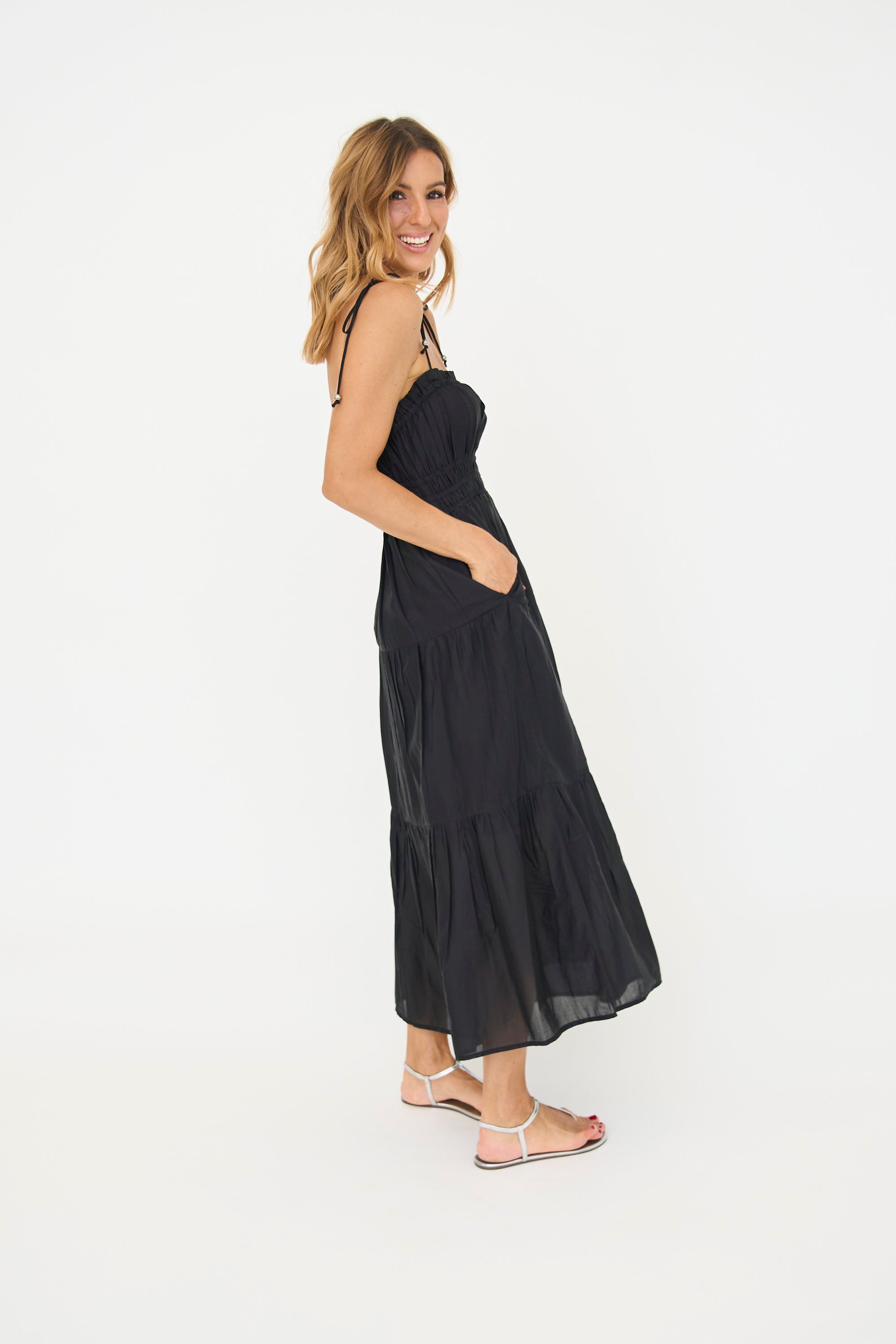 Amara Black Smocked Midi Dress